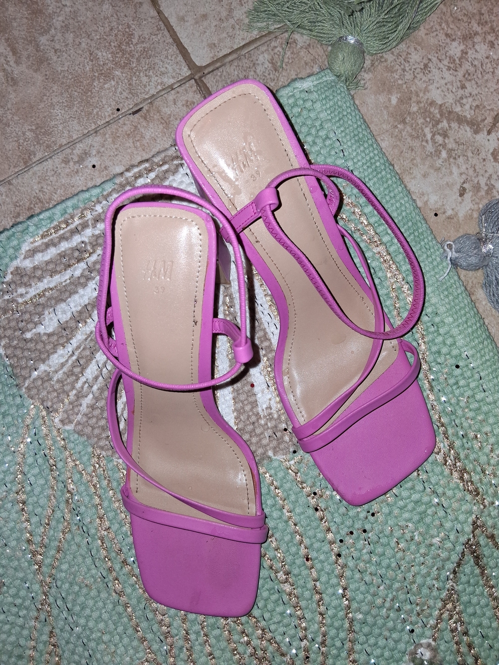 H&M Pink Strappy Square-Toe Heeled Sandals